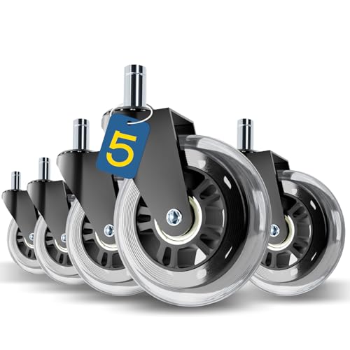 Office Chair Wheels Replacement,3" Rubber Casters 7/16" Stem,Universal fit for Most Rolling/Gaming Chairs,Floor Protection for Carpet/Hardwood/Tile,Smooth&Quiet Rolling, Set of 5 (Transparent)