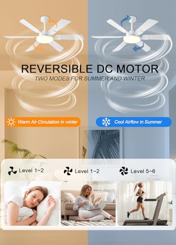 Image of JSAITEE 52 Inch Low Profile Ceiling Fan with Lights, Remote & APP Control, 3CCT Dimmable, 6 Blades 6 Speed Ceiling Fans, Quiet Reversible DC Motor, Modern White Ceiling Fan for Bedroom Living Room