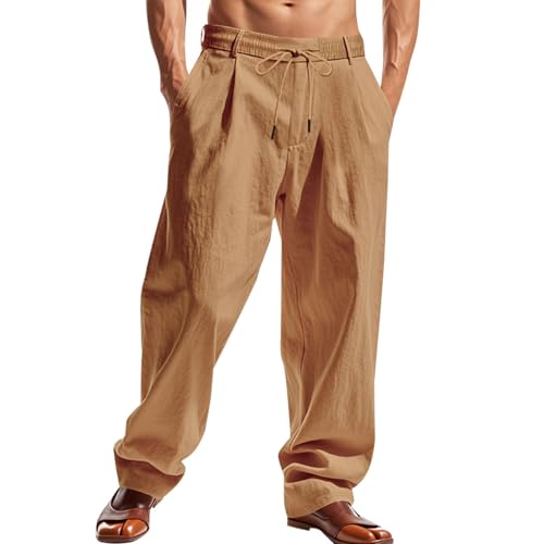 Casual Lounge Daily Pants for Men Cotton Linen Elastic Waist Hawaii Beach Trousers Wide Leg Drawstring Traveling Pant