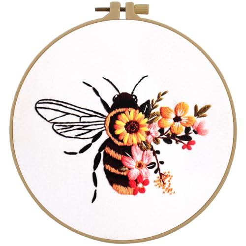 Image of Esffaci Embroidery Starter Kit for Adult Beginner with Bee Pattern Hand Embroidery Set with Embroidery Cloth Hoop Needle Threader Embroidery Floss and Instruction
