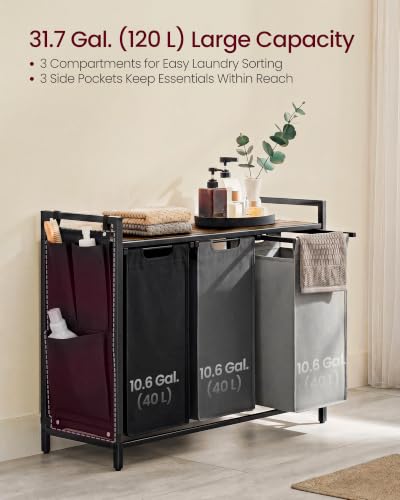 Image of VASAGLE Laundry Hamper with Shelf, 3 Pull-Out Bags, 3 x 10.6 Gallons (40 L)
