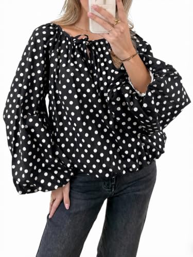 Tankaneo Womens Polka Dot Balloon Sleeve Blouse Long Sleeve Boat Neck Tops