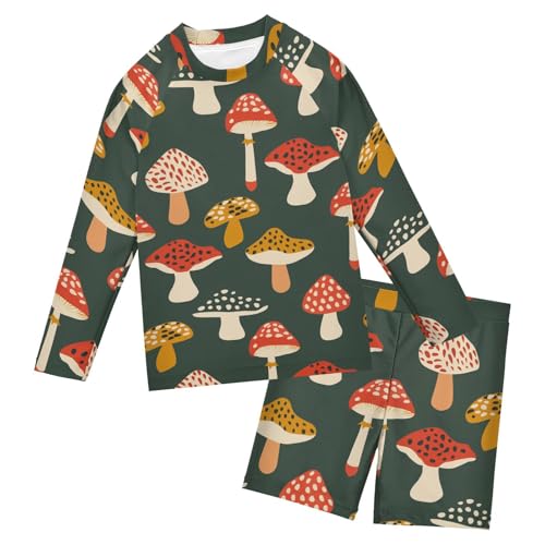 Traje de baño de 2 piezas para niños color verde oscuro con estampado de hongos de manga larga 3-10 años