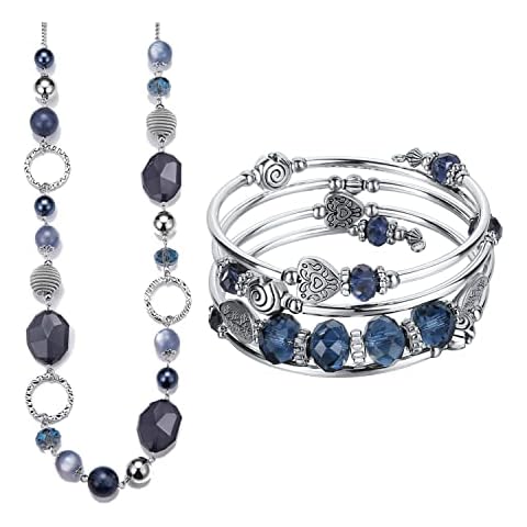 PEARL&CLUB Long Beaded Chain Necklace Crystal Silver Bangle Bracelet Set Cover