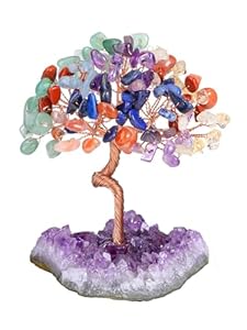 12cm Buntes Kristallbäumchen auf Amethyst-Druse, Heilstein Deko | Edelstein-Baum