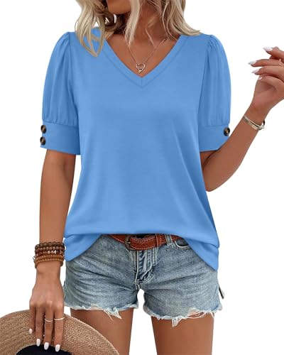Image of OFEEFAN Womens Tops Short Sleeve Shirts Buttons V Neck Spring Fashion Summer Outfits Plus Size Blouses Dressy Casual