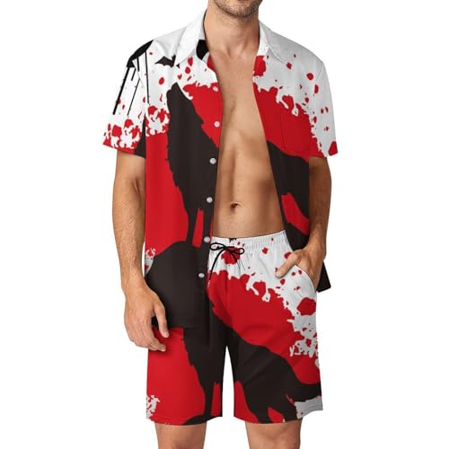 Chemise Hawaïenne Hommes avec Short et Pantalon de Plage Ensemble Loup Blanc Rouge Été 2 Pièces S