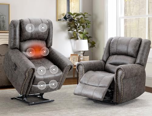 SELLERWE Power Recliner Lift Lay Flat Dual Motor Chair with Massage and Heat for Elderly, Breathable Leather Overstuffed Lift Chairs, Infinite Position Recliner Chairs for Sleeping, 2PCS, Grey