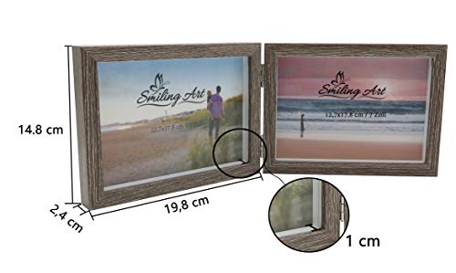 Smiling Art Bilderrahmen für 2 Fotos aus Holz, klappbarer Bilderrahmen, Doppelrahmen (Grau, Querformat, 2x13x18 cm) – Ansicht 6