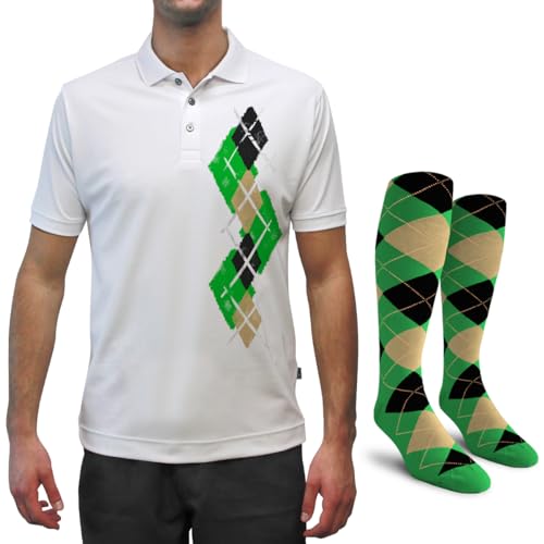 Dry Fit Graphic Golf Polo Shirt for Men, Great for Sports and All Outdoor Activities - Argyle Paradise - MMM:Lime/Khaki/Black - X-Large with Socks