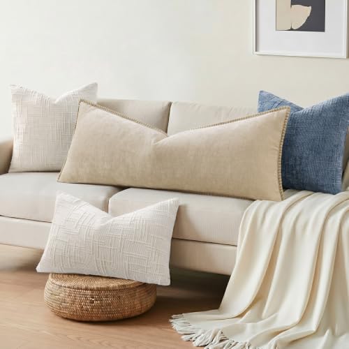 Image of decorUhome Fall Chenille Soft Cozy Throw Pillow Covers 14x36 Set of 1, Modern Farmhouse Boho Velvet Decorative Pillow Cases with Stitched Edge for Couch Sofa Bed Home Decor, Beige