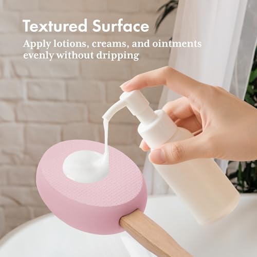 Image of AmazerBath Lotion Applicator for Back, Feet, 4 Replaceable Pads with Long Handle, Back Sunscreen Applicator for Elderly, Women, Apply Cream Medicine Skin Cream Moisturizer Sunscreen Tanner, Pink