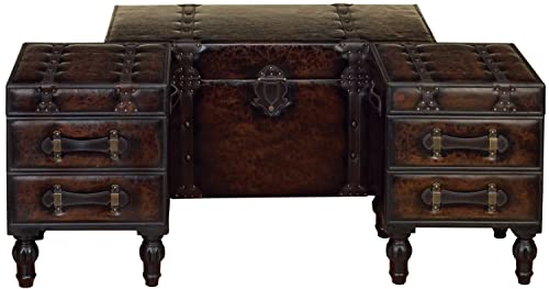 Deco 79 Wood Vintage Faux Leather 4 Drawer Bench With Faux Leather Straps And Studs, Set Of 3 37", 16", 16"W, Brown #TOP7