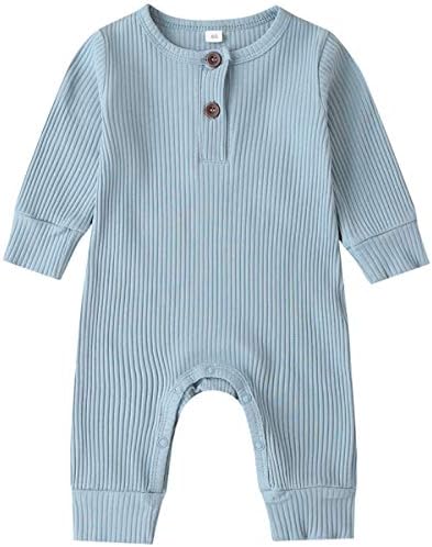 Kuriozud Newborn Infant Unisex Baby Boy Girl Button Solid Romper Bodysuit One Piece Jumpsuit Outfits Clothes (Long Sleeve One Piece Blue, 0-3 Months)