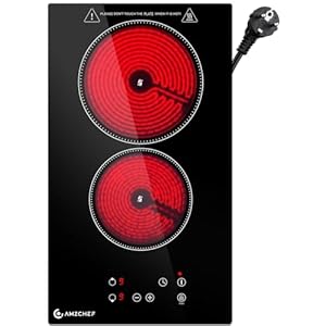 Glaskeramikkochfeld 2 Platten, AMZCHEF Kochfeld 2 Platten 3200W mit 9 Leistungsstufen, gleichmäßige Erwärmung, effizienter, Sicherheitsverriegelung, 1-99min Timer, für alle Töpfe und Pfannen