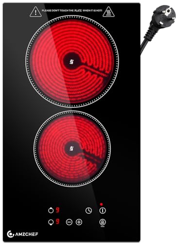 AMZCHEF Glaskeramikkochfeld 2 Platten Freistehend, Kochfeld 2 Platten 3200W mit 9 Leistungsstufen, gleichmäßige Erwärmung, effizienter, Sicherheitsverriegelung, Timer, für alle Töpfe und Pfannen