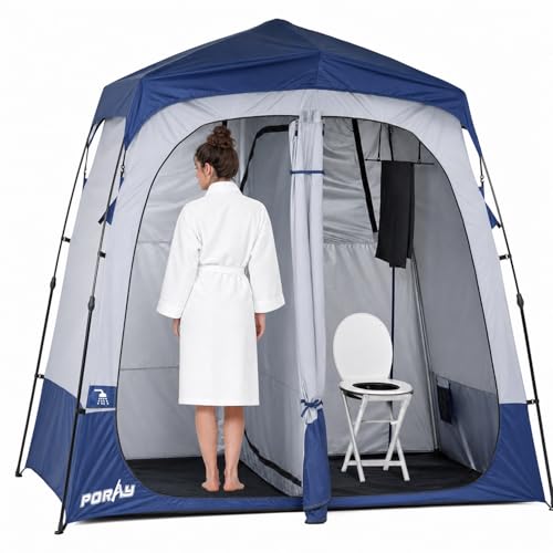 Portable Camping Shower Tent Deluxe Changing Room Easy Set Up Privacy Shelter,Large Toilet Tent 2 Rooms with Floor Drain Design for Beach, Camping,Hiking with Stakes and Ropes for Stability