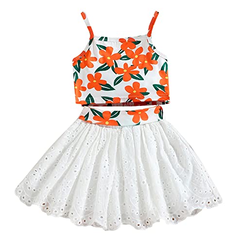 Image of Hopscotch Girls Polyester Floral Print Slim Fit Blouse and Skirt Set in Orange Color