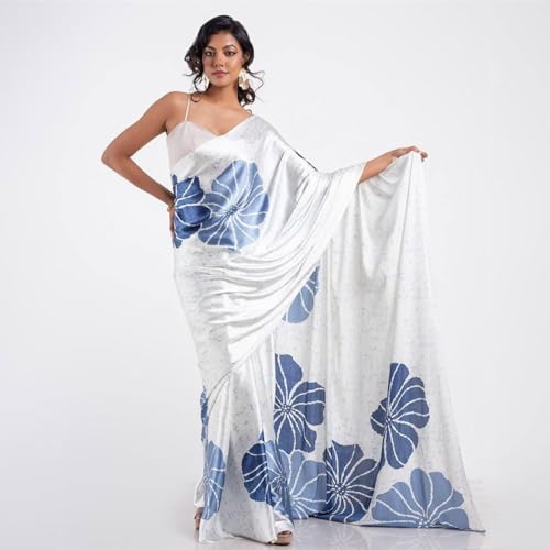 Image of Japan Satin Floral Print Saree for Women with Blouse Piece - Satin Finish Draped Saree