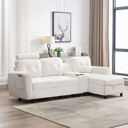 Neylory Convertible Sectional Sofa Couch, Tufted 3 Seat L Shaped Couch with Cup Holders & Storage, Modern Sleeper Sectional Sofa for Living Room, Apartment, Office(White)