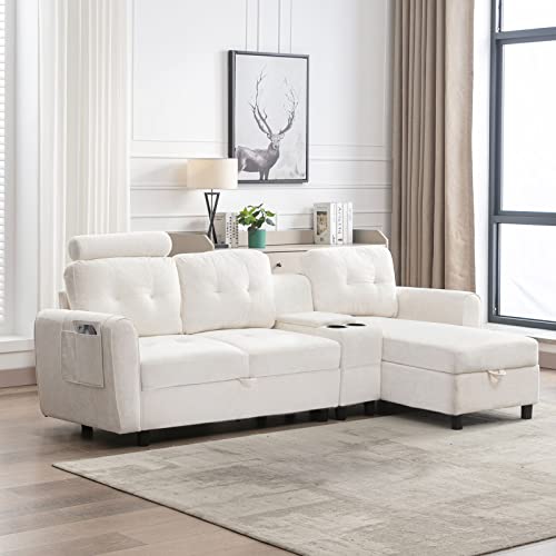 Neylory Convertible Sectional Sofa Couch, Tufted 3 Seat L Shaped Couch With Cup Holders & Storage, Modern Sleeper Sectional Sofa For Living Room, Apartment, Office(White) #TOP6