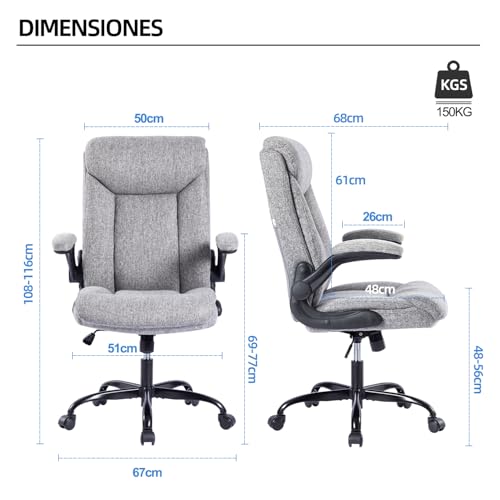 Miniatura 3 de Mzlee Silla Oficina Tela, Silla De Oficina Ergonómica Para Computadora Silla De Trabajo Giratoria Con Reposabrazos Abatible, Altura Ajustable, Cómoda Para Juegos En La Oficina En El Hogar Gris