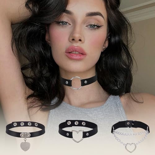 Jahrestag Geschenk, 4 Stück Halsband Damen für Sex, Choker Schwarz Kette Damen, LederhalsbandDamen, Kette Spike Leder Kragen Kropfband Herz, Einstellbar Halsband Schwarz Chocker, Punk Gotik Collar