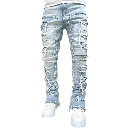 Stacked Jeans Mens Ripped Jeans Distressed Patchwork Straight Leg Y2k Skinny Denim Pants Hip Hop Slim Fit Trousers