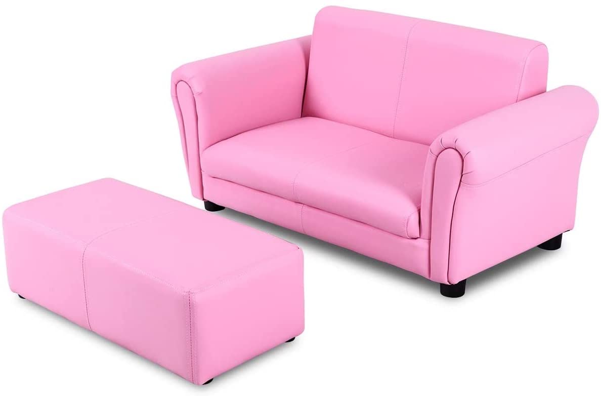 LDAILY Kids Sofa with Footstool, 2 Seat Armrest Children Couch w/Ottoman, Sturdy Wood Construction, PU Leather Upholstered Loveseat for Boys Girls, Kid Furniture Set with Stool (Pink)