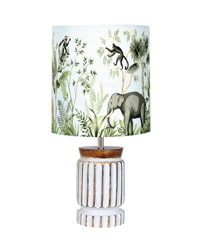 Image of Homesake Retro Farmhouse Table Lamp for Living Room Bedroom Rustic Linen Bedside Nightstand Lamps for Kids Room Study Office Wood, Carved Cylinder, (Jungle)