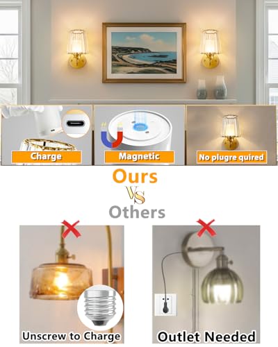 Image of Adetu 10.4 Inch Crystal Wall Sconces Set of 2, Battery Operated Wall Sconce | 10000mAh Magnetic Bulbs and Remote, 5%-100% Dimmable, RGB Rechargeable Wall Lights for Bedroom Living Room Hallway Deco
