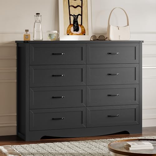 Image of BORNOON 8-Drawer Dresser for Bedroom, Modern Wooden Chest of Drawers with Metal Handles, Anti-Tipping Design, Sturdy and Stable Storage Organizer for Living Room, Entryway, Home Office, Standard
