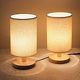 Holz-Tischlampen-Set, moderne Nachttischlampen mit Stoffschirm in Leinenfarbe für Schlafzimmer, Wohnzimmer, Büro, 2 Stück