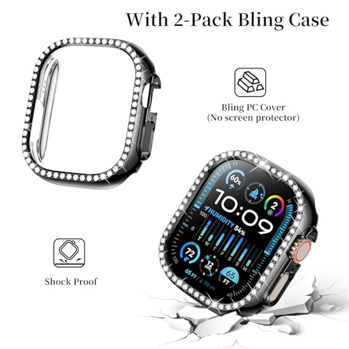 Image of SUPOIX for Apple Watch Band 49mm + Case, Bling Bands for Women (Black) | Shiny Metal Bands & 2 Pack Protective Cover Cases for iWatch Ultra 49mm