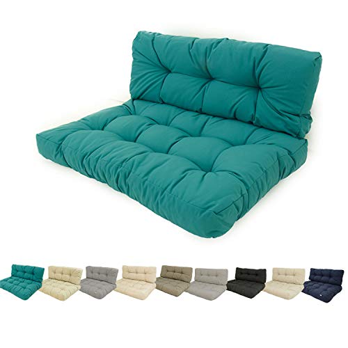 Edenjardi Cojines para palets, Cojín de Asiento 80x120x16 cm + cojín Respaldo 42x120x16 cm, Color Turquesa, Repelente al Agua