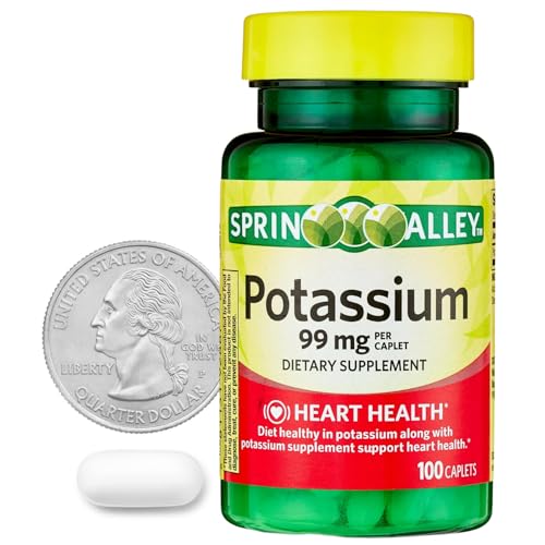 Potassium Heart Health Dietary Supplement Caplets, 99 mg, 100 Count Spriing Vallley Potassium Cardiac, Nerve and Muscle Function (Pack of 1)