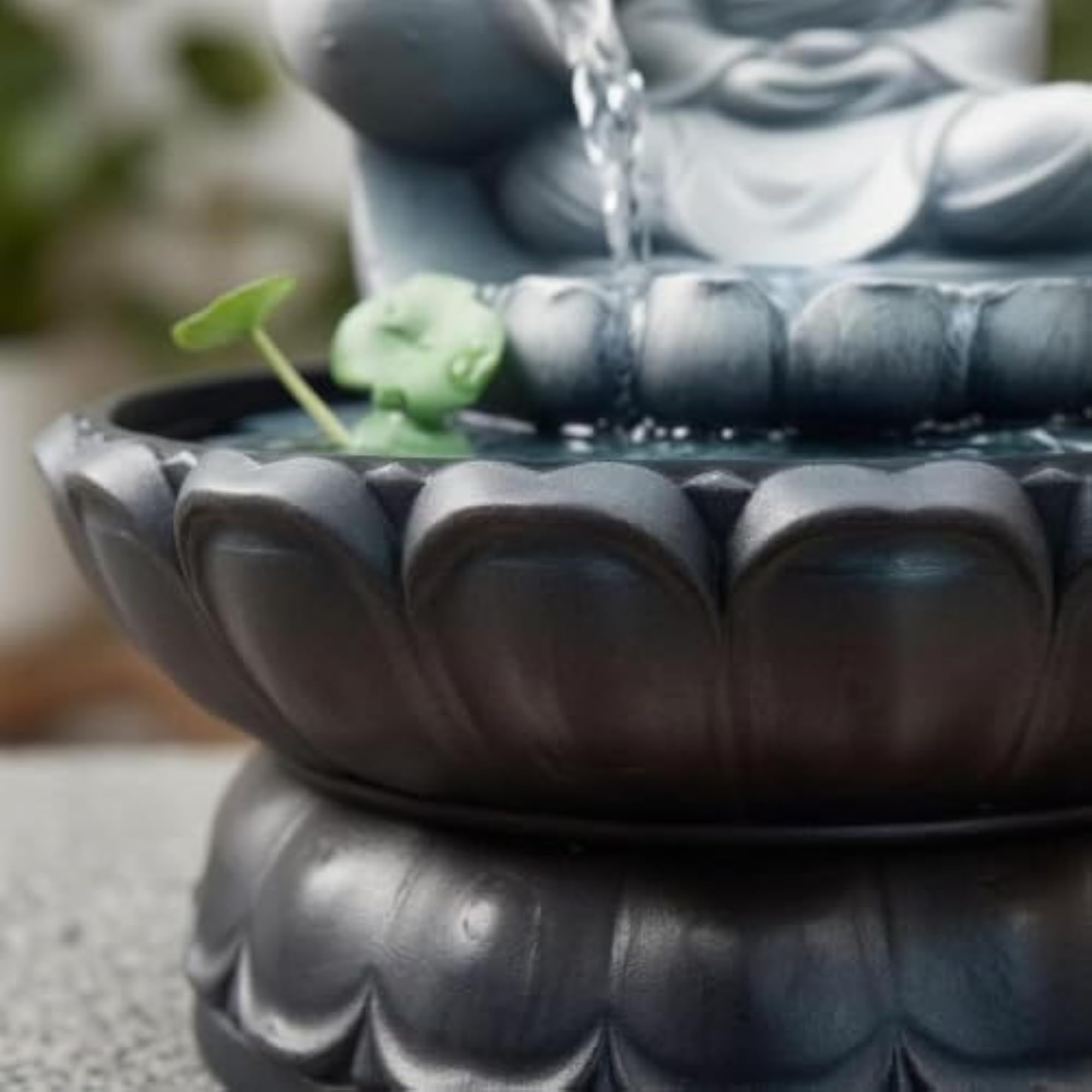 Stone-Look Buddha Tabletop Fountain, Built-in Light Decor