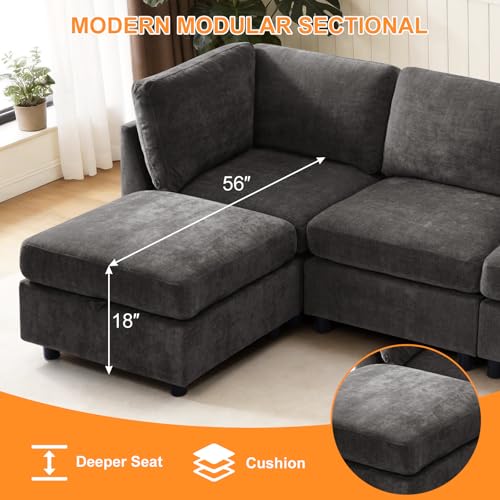 Image of TEKAMON 94 inch L Shaped Modern Sofa Modular Sectional Couch with Ottoman, 4-Seat Chenille Deep Seat Sofa for Living Room, Bedroom and Apartment, Dark Grey