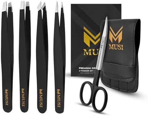 MUSI Shape Eyebrows & Remove Facial Hair, Ingrown Hair, Chin & Splinters – Expert Tweezers Kit with Eyebrow Scissor, Professional Multi-Purpose Tools, Stainless Steel Men & Women