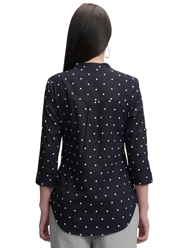 Image of Tokyo Talkies Women's Polka Dots Mandarin Collar Top | Roll-Up Sleeves | Smart & Casual | Perfect for Work & Everyday Chic | Tops for Woman | Women Tops | Stylish Top