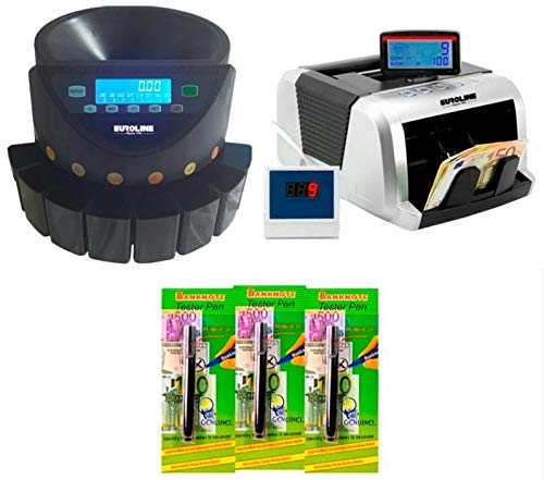 EUROLINE - Pack INTÉGRAL : Compteuse de Billets + Trieuse de pièces LCD + 3 Détecteurs de Faux Billets/Feutres Cover