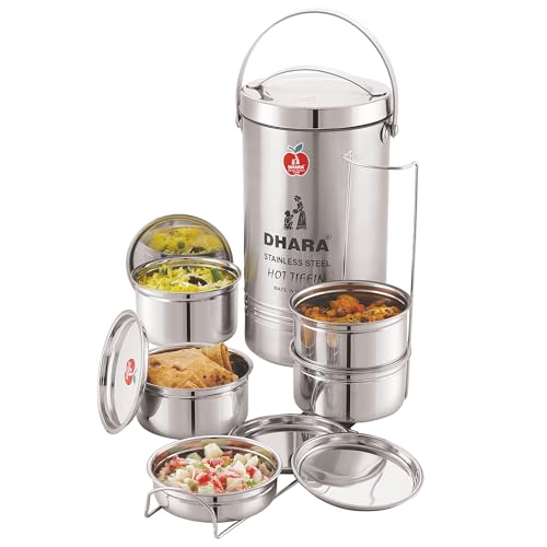 Image of Dhara Stainless Steel Big 5 Tier Tiffin Box, 1950ml | Insulated, For Office Work Travel & Picnic Use