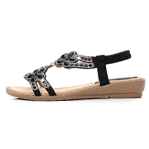 Yicornchen Women's T-Strap Beaded Flower Rhinestone Flat Sandals Dress Beach Shoes(8 B(M) Us,Black) #TOP1