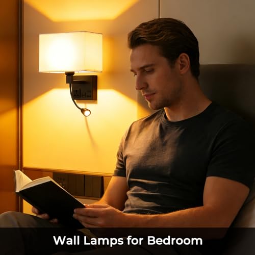 Image of Plug in Wall Sconce, Bedside Wall Lamp for Bedroom with AC Outlet & USBA+C Charging Port, Wall Mounted Reading Light with 360Adjustable, Black Headboard Lamps with 3 Color Temperature