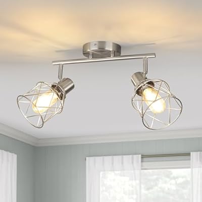 WILON Industrial Track Lighting Kit, 2 Light Modern Track Lighting Fixtures Brushed Nickel Flush Mount Ceiling Light Rotatable Light Head E26 Base Ceiling Spotlight for Kitchen Dining Room Hallway