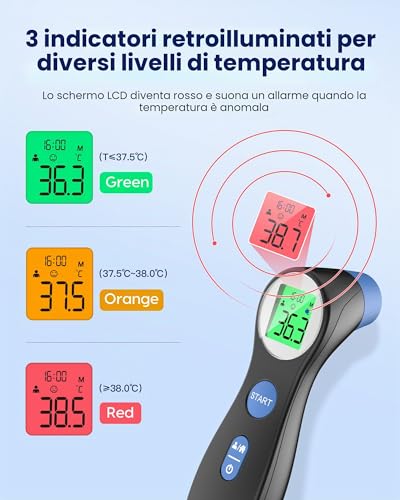 Terza immagine Termometro frontale a infrarossi contactless per neonati adulti, digitale, 2 in 1 a lettura immediata, allarme febbre, display LCD, richiamo memoria con ora esatta, nero