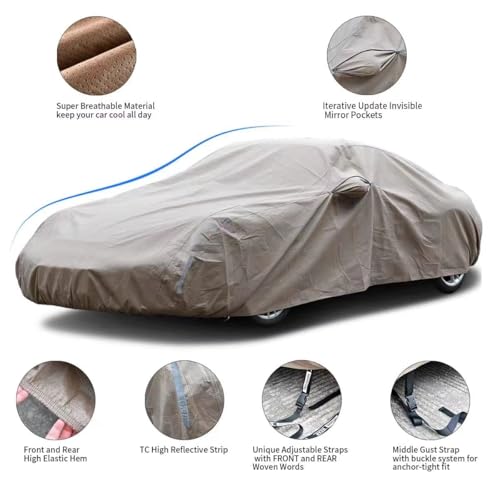 Image of Tecoom Car Cover Waterproof All Weather,Non-Woven Breathable Outdoor Car Covers for Automobiles w /Zipper Pockets Sun Uv Wind Hail Protection Full Cover Universal Fit Mercedes Chevrolet (183-192 Inch)
