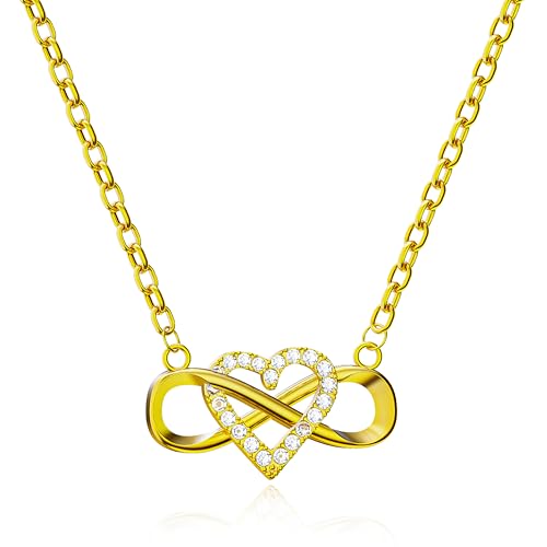 Collar con colgante de corazón infinito chapado en oro de 18 quilates con circonita cúbica para mujer, Grande, Acero de titanio, Sin piedra preciosa