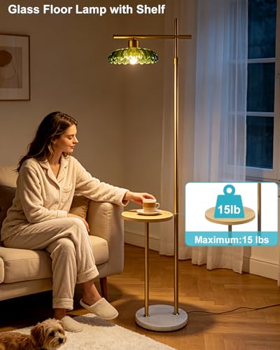 Image of Lightdot Glass Floor Lamp with Table, Gold Standing Lamp with Green Umbrella Glass Shade, Dimmable LED Floor Lamp with Marble Base for Living Room Bedroom, Bulb Included