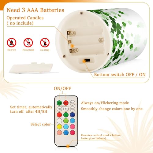 Image of ALAZA St Patricks Day Clover Flickering Flameless Candles Battery Operated with Remote Timer,Tea Light Candles LED Pillar Votive Candles Set of 2 for Outdoor Indoor Decorations11